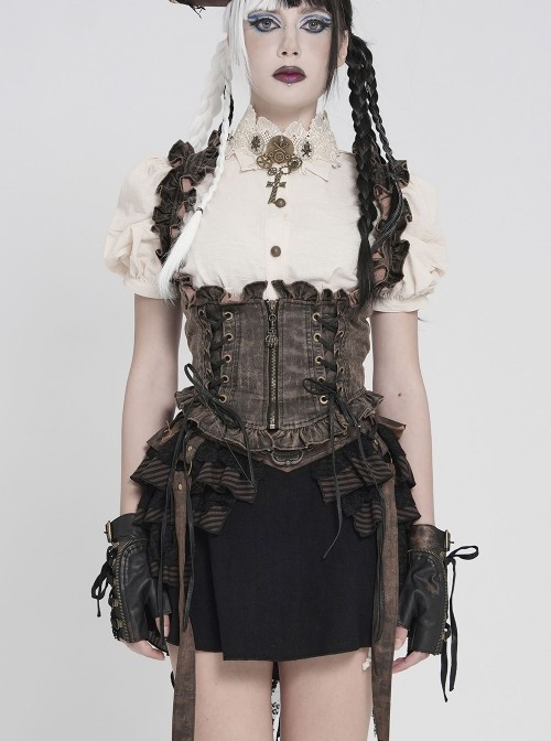 Brown Distressed Two-Tone Woven Low-Cut Ruffled Design Back Pointed Hem Punk Style Short Vest