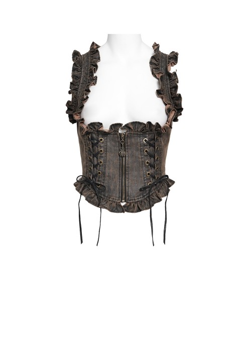 Brown Distressed Two-Tone Woven Low-Cut Ruffled Design Back Pointed Hem Punk Style Short Vest