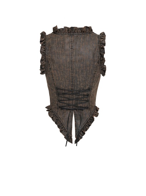 Brown Distressed Two-Tone Woven Low-Cut Ruffled Design Back Pointed Hem Punk Style Short Vest