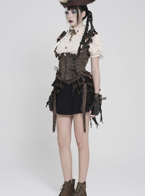 Brown Distressed Two-Tone Woven Low-Cut Ruffled Design Back Pointed Hem Punk Style Short Vest