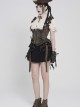 Brown Distressed Two-Tone Woven Low-Cut Ruffled Design Back Pointed Hem Punk Style Short Vest