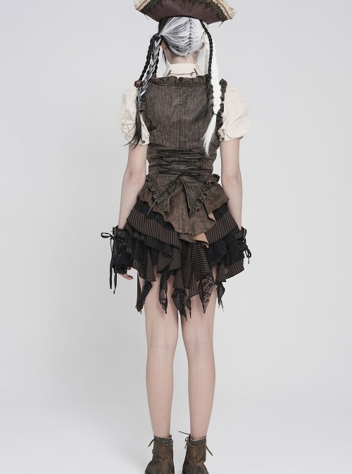 Brown Distressed Two-Tone Woven Low-Cut Ruffled Design Back Pointed Hem Punk Style Short Vest