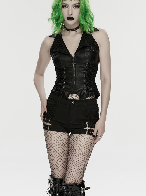 Black Twill Denim Distressed Knits Decoration Sides Hollow-Out Personality Metal Loops Punk Style Shorts