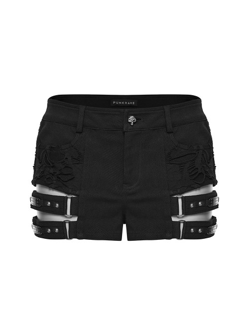 Black Twill Denim Distressed Knits Decoration Sides Hollow-Out Personality Metal Loops Punk Style Shorts