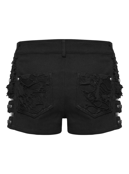 Black Twill Denim Distressed Knits Decoration Sides Hollow-Out Personality Metal Loops Punk Style Shorts