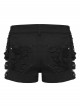 Black Twill Denim Distressed Knits Decoration Sides Hollow-Out Personality Metal Loops Punk Style Shorts