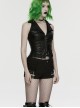 Black Twill Denim Distressed Knits Decoration Sides Hollow-Out Personality Metal Loops Punk Style Shorts