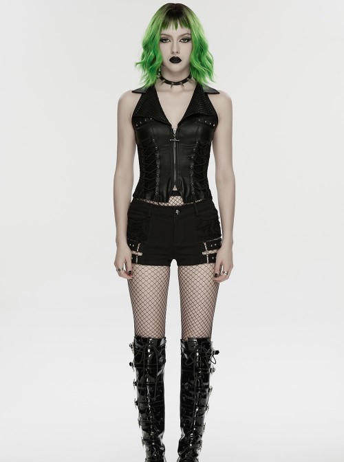 Black Twill Denim Distressed Knits Decoration Sides Hollow-Out Personality Metal Loops Punk Style Shorts