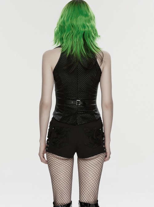 Black Twill Denim Distressed Knits Decoration Sides Hollow-Out Personality Metal Loops Punk Style Shorts