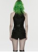 Black Twill Denim Distressed Knits Decoration Sides Hollow-Out Personality Metal Loops Punk Style Shorts