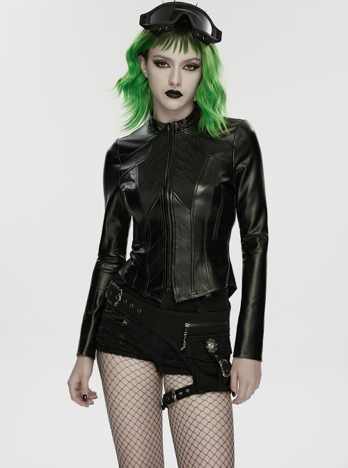 Black Rubberized Knit Segmented Cutting Slim Fit Futuristic Cyberpunk Style Long Sleeves Jacket