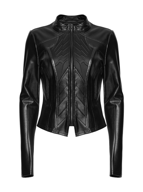 Black Rubberized Knit Segmented Cutting Slim Fit Futuristic Cyberpunk Style Long Sleeves Jacket
