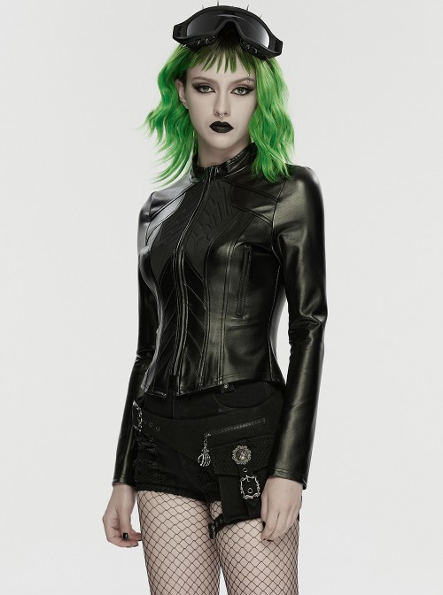 Black Rubberized Knit Segmented Cutting Slim Fit Futuristic Cyberpunk Style Long Sleeves Jacket