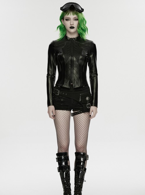 Black Rubberized Knit Segmented Cutting Slim Fit Futuristic Cyberpunk Style Long Sleeves Jacket