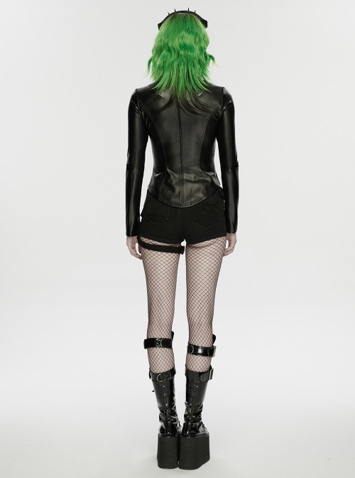 Black Rubberized Knit Segmented Cutting Slim Fit Futuristic Cyberpunk Style Long Sleeves Jacket