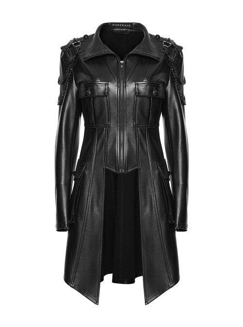 Black Rubberized Knit Shoulder Metal Chain Decoration Front Short Back Long Hem Vintage Slim Fit Punk Style Functional Jacket