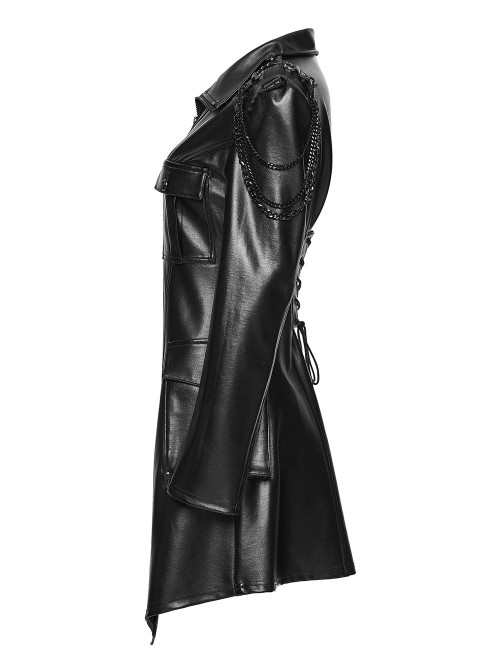 Black Rubberized Knit Shoulder Metal Chain Decoration Front Short Back Long Hem Vintage Slim Fit Punk Style Functional Jacket