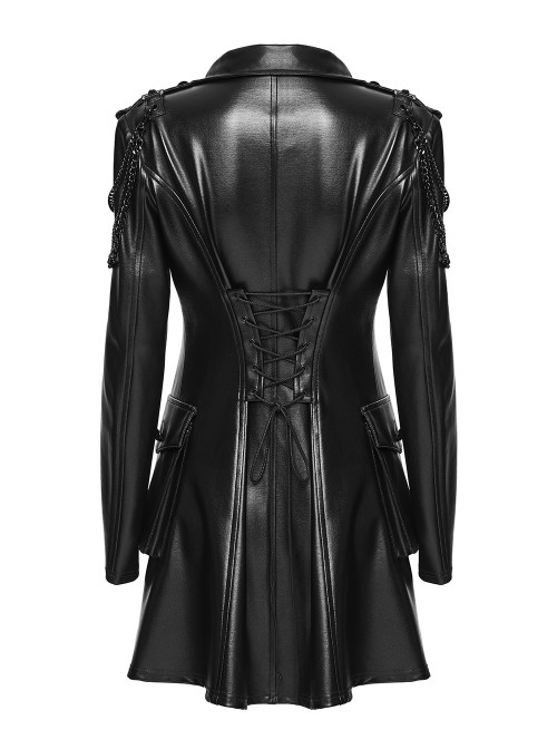 Black Rubberized Knit Shoulder Metal Chain Decoration Front Short Back Long Hem Vintage Slim Fit Punk Style Functional Jacket