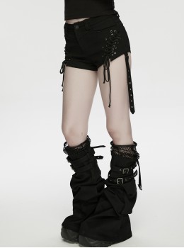 Black Denim Sides Drawstring Design Shorts Detachable Flared Leg Warmers Punk Style Pants