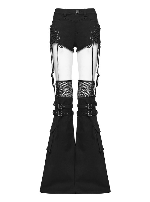 Black Denim Sides Drawstring Design Shorts Detachable Flared Leg Warmers Punk Style Pants