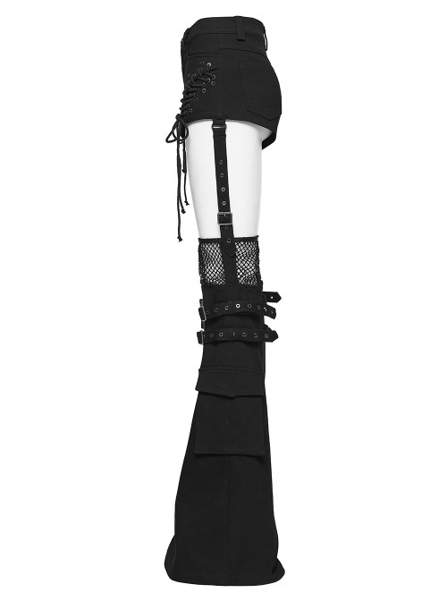 Black Denim Sides Drawstring Design Shorts Detachable Flared Leg Warmers Punk Style Pants