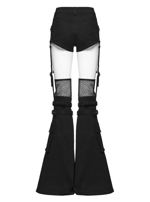 Black Denim Sides Drawstring Design Shorts Detachable Flared Leg Warmers Punk Style Pants