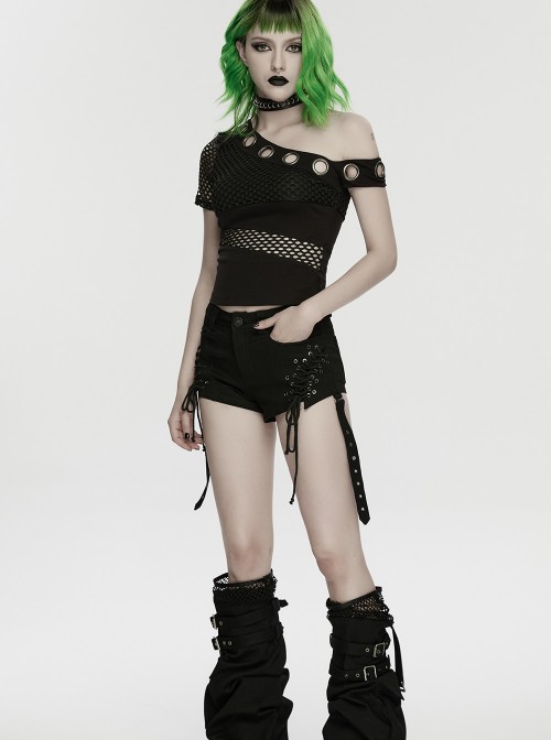 Black Denim Sides Drawstring Design Shorts Detachable Flared Leg Warmers Punk Style Pants
