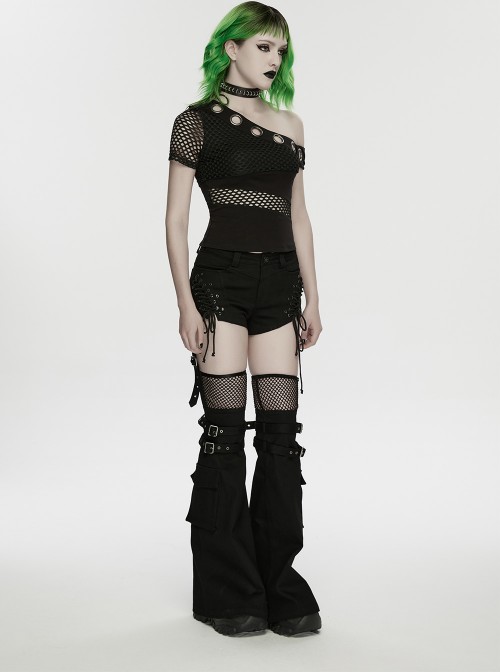Black Denim Sides Drawstring Design Shorts Detachable Flared Leg Warmers Punk Style Pants