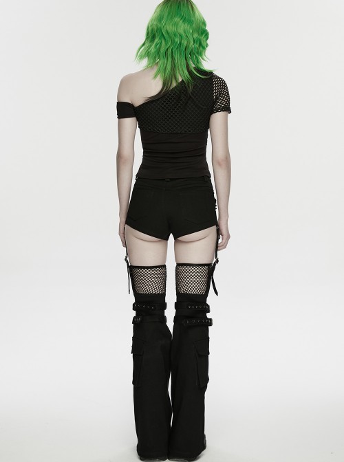 Black Denim Sides Drawstring Design Shorts Detachable Flared Leg Warmers Punk Style Pants