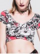 Black Red Ghost Print V-Neck Short Sleeve Mini T-Shirt