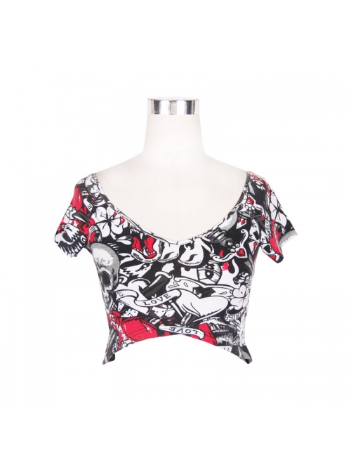 Black Red Ghost Print V-Neck Short Sleeve Mini T-Shirt