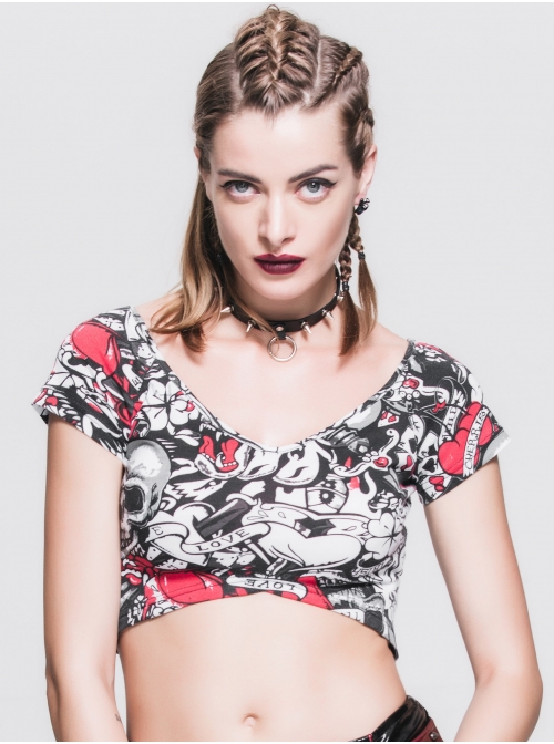Black Red Ghost Print V-Neck Short Sleeve Mini T-Shirt