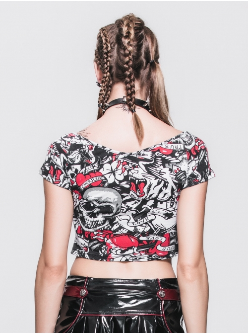 Black Red Ghost Print V-Neck Short Sleeve Mini T-Shirt