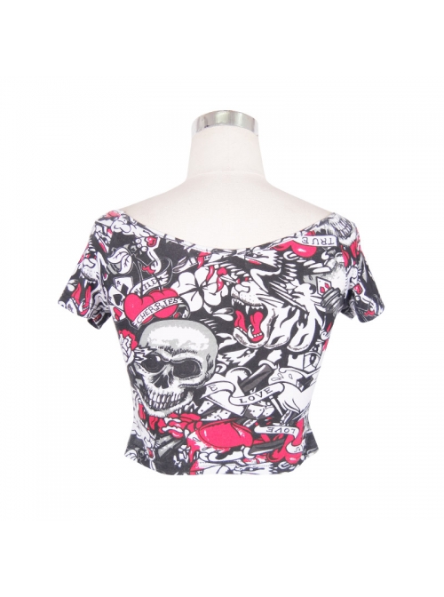 Black Red Ghost Print V-Neck Short Sleeve Mini T-Shirt
