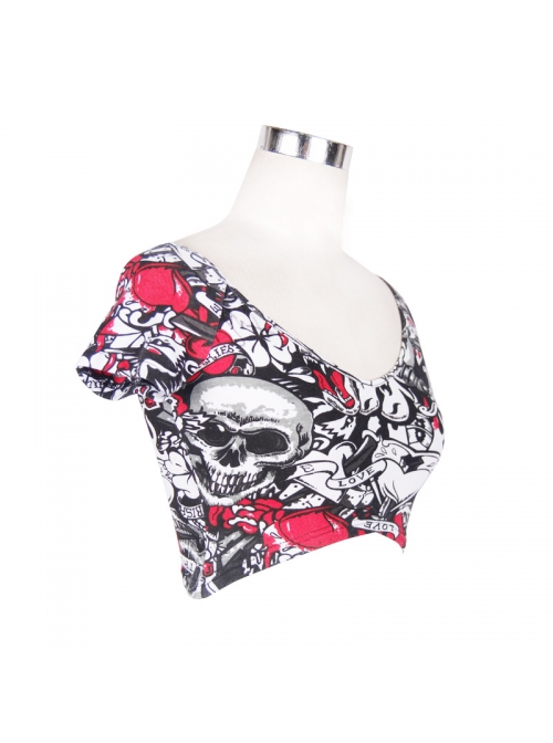 Black Red Ghost Print V-Neck Short Sleeve Mini T-Shirt