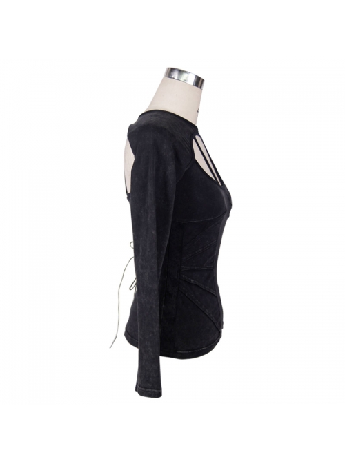 Backless Lace-Up Small Long-Sleeve Shawl Camisole Fake Two Pieces Black Punk T-Shirt