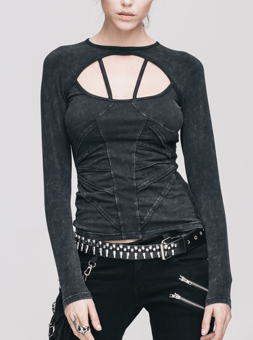 Backless Lace-Up Small Long-Sleeve Shawl Camisole Fake Two Pieces Black Punk T-Shirt
