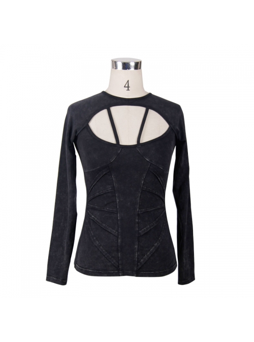 Backless Lace-Up Small Long-Sleeve Shawl Camisole Fake Two Pieces Black Punk T-Shirt