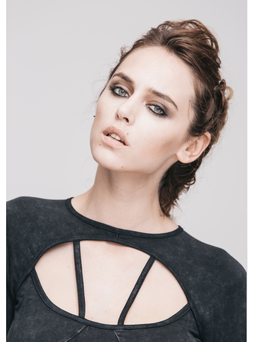 Backless Lace-Up Small Long-Sleeve Shawl Camisole Fake Two Pieces Black Punk T-Shirt