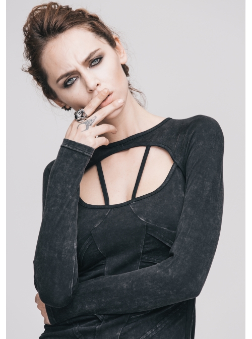 Backless Lace-Up Small Long-Sleeve Shawl Camisole Fake Two Pieces Black Punk T-Shirt