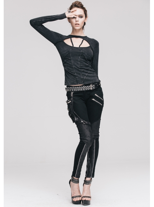 Backless Lace-Up Small Long-Sleeve Shawl Camisole Fake Two Pieces Black Punk T-Shirt