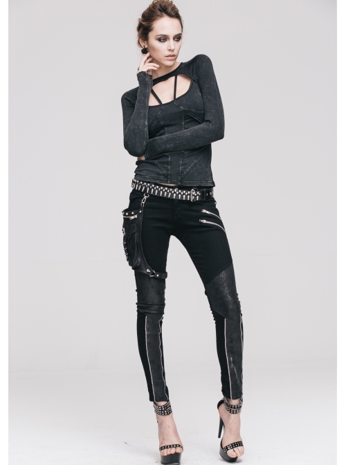 Backless Lace-Up Small Long-Sleeve Shawl Camisole Fake Two Pieces Black Punk T-Shirt
