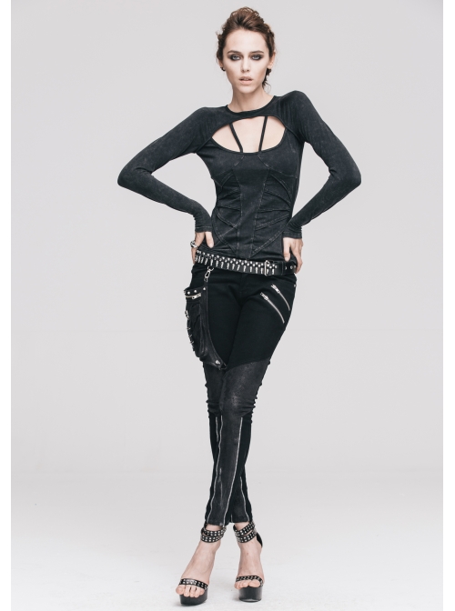 Backless Lace-Up Small Long-Sleeve Shawl Camisole Fake Two Pieces Black Punk T-Shirt