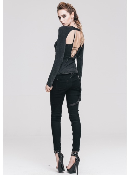 Backless Lace-Up Small Long-Sleeve Shawl Camisole Fake Two Pieces Black Punk T-Shirt