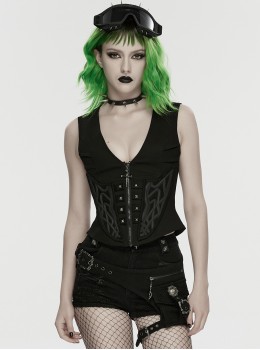 Black Twill V-Neck Segmentation Cutting Rubber Patches Cross Zipper Pendant Hardcore Cyberpunk Vest