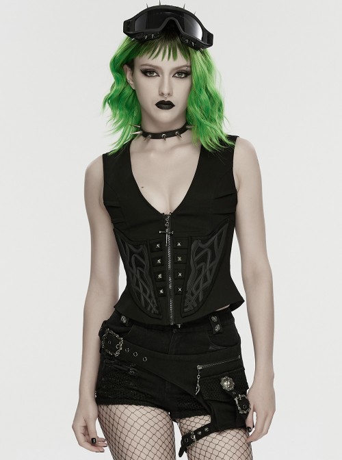 Black Twill V-Neck Segmentation Cutting Rubber Patches Cross Zipper Pendant Hardcore Cyberpunk Vest