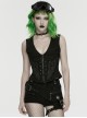 Black Twill V-Neck Segmentation Cutting Rubber Patches Cross Zipper Pendant Hardcore Cyberpunk Vest