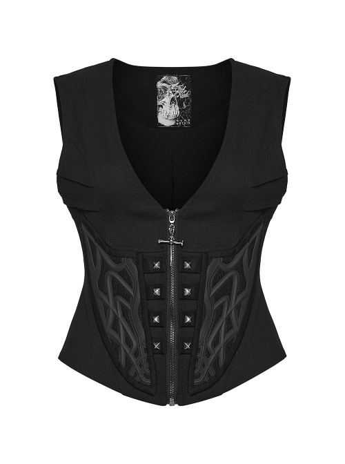 Black Twill V-Neck Segmentation Cutting Rubber Patches Cross Zipper Pendant Hardcore Cyberpunk Vest