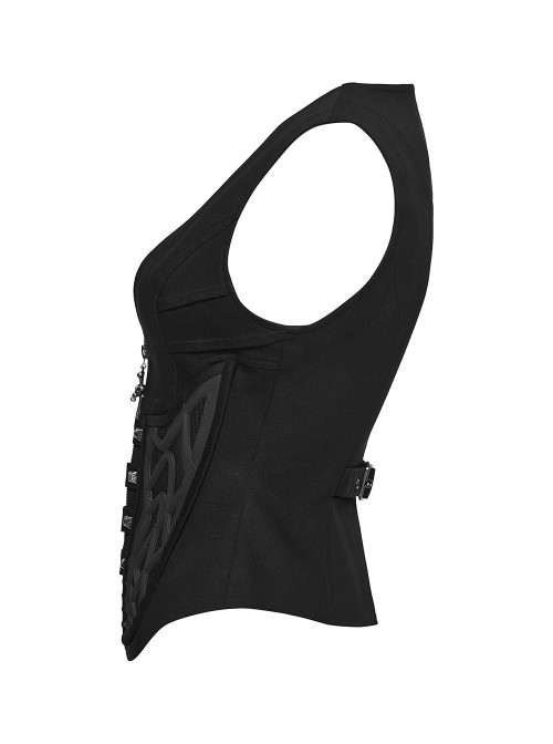 Black Twill V-Neck Segmentation Cutting Rubber Patches Cross Zipper Pendant Hardcore Cyberpunk Vest