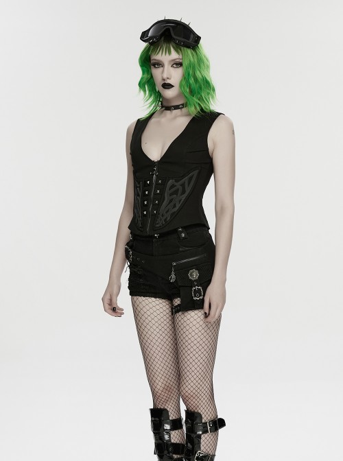 Black Twill V-Neck Segmentation Cutting Rubber Patches Cross Zipper Pendant Hardcore Cyberpunk Vest